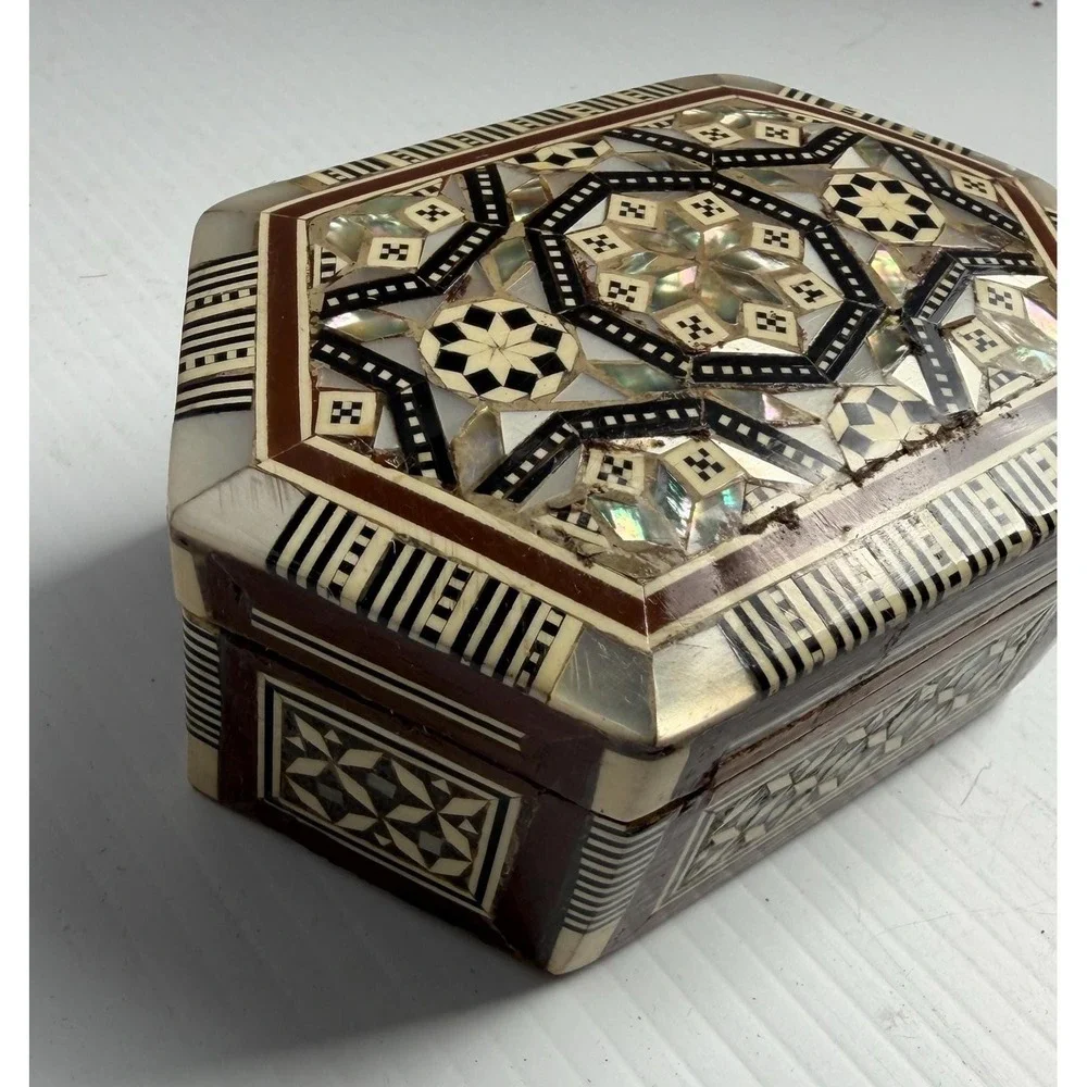 Vintage Egyptian Handmade Wood Jewelry Box Hexagon Mother of Pearl Inlay Mosaic